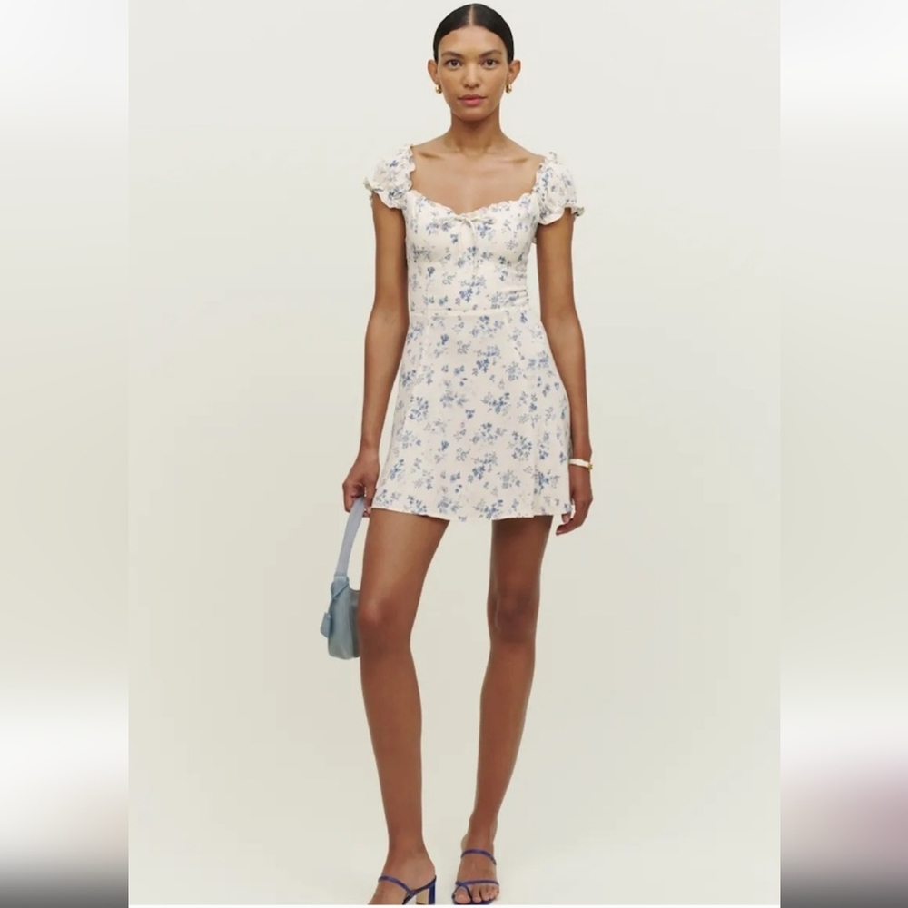Floral Puff-Sleeve Mini Dress in Cream with Blue Print